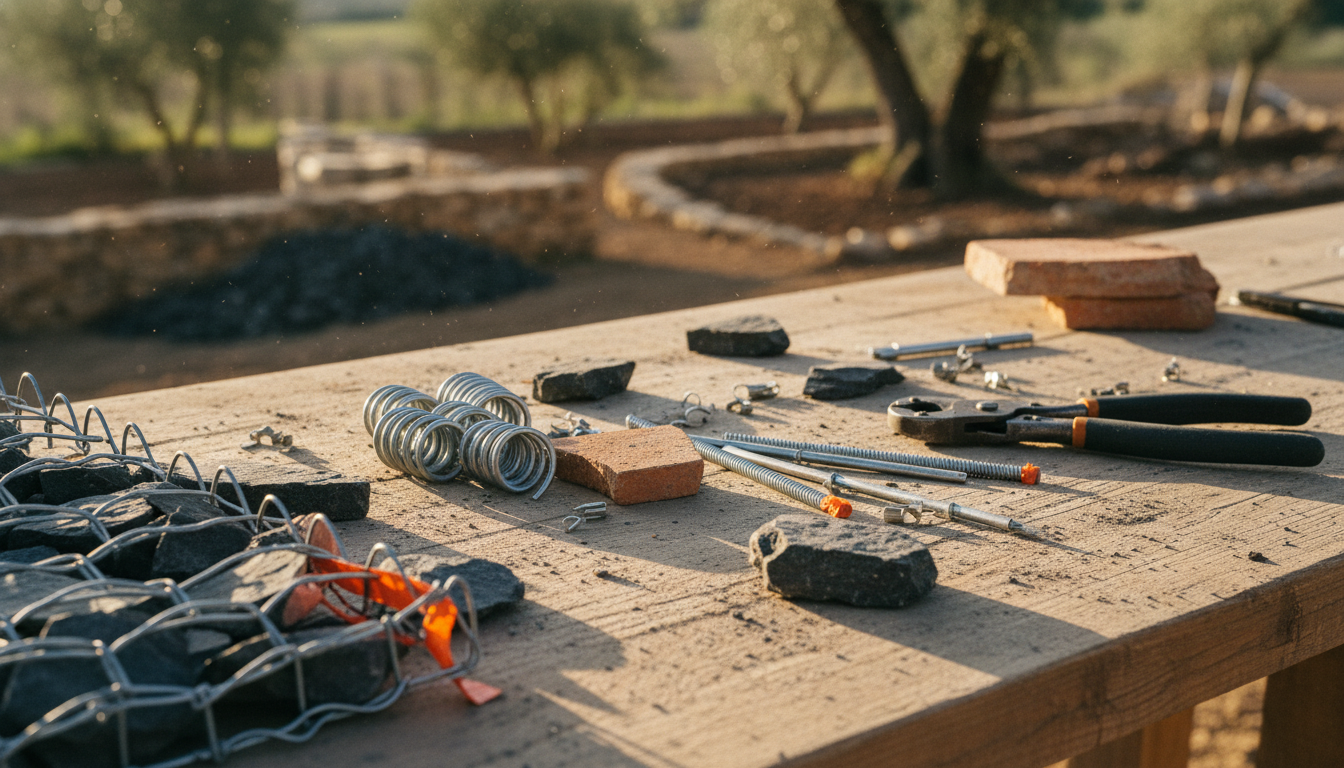 Spirales galvanisées, agrafes C, tirants et pince à sertir étalés sur l'établi avant un chantier de pose gabion