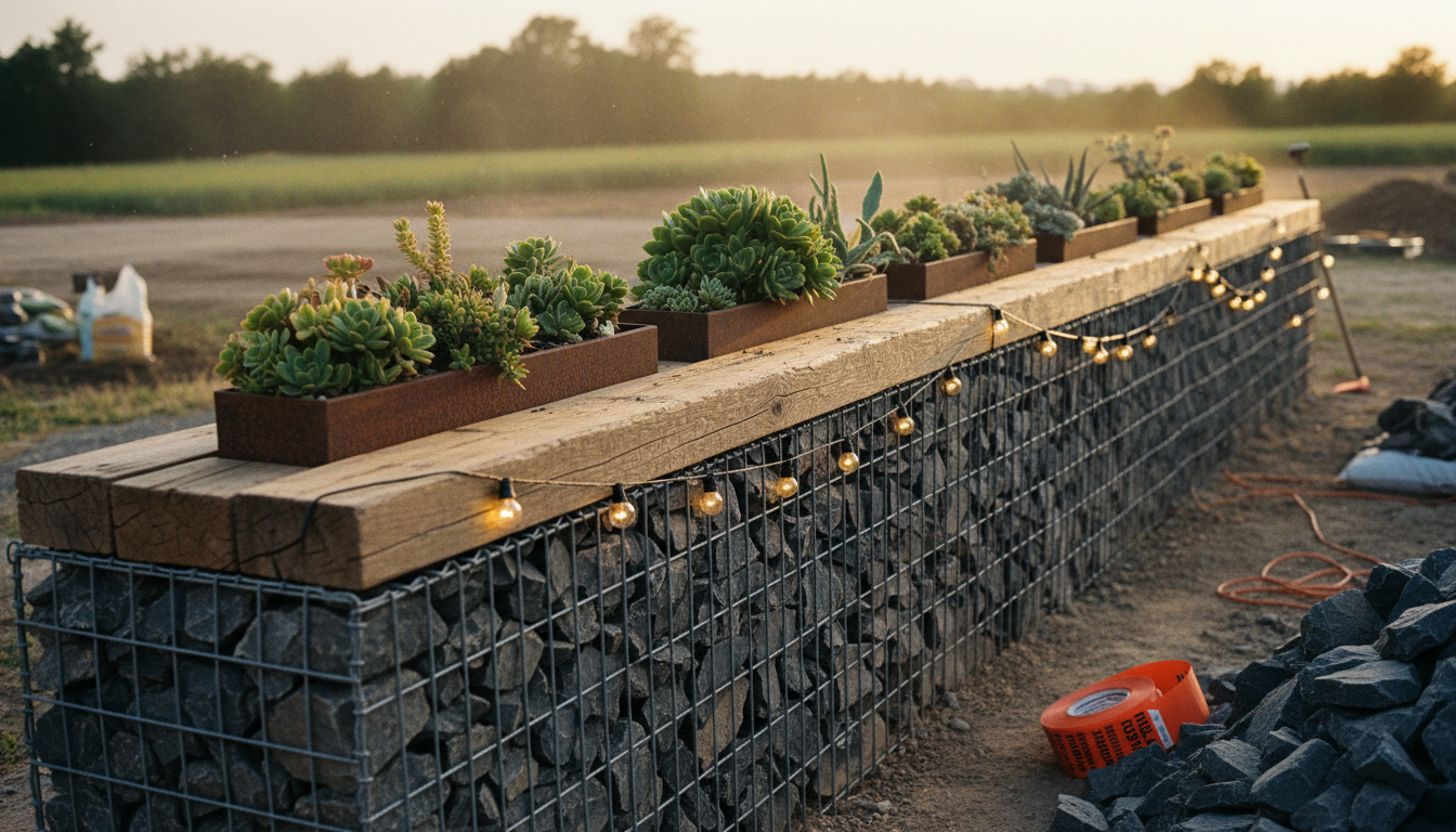Muret gabion décoré avec bandeau bois de récup, jardinière métal patinée, plantes grasses en crête et guirlande solaire au crépuscule