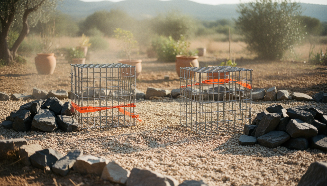 Deux gabions cubes 40 × 40 × 40 cm alignés sur leur fondation gravier, prêts à être remplis