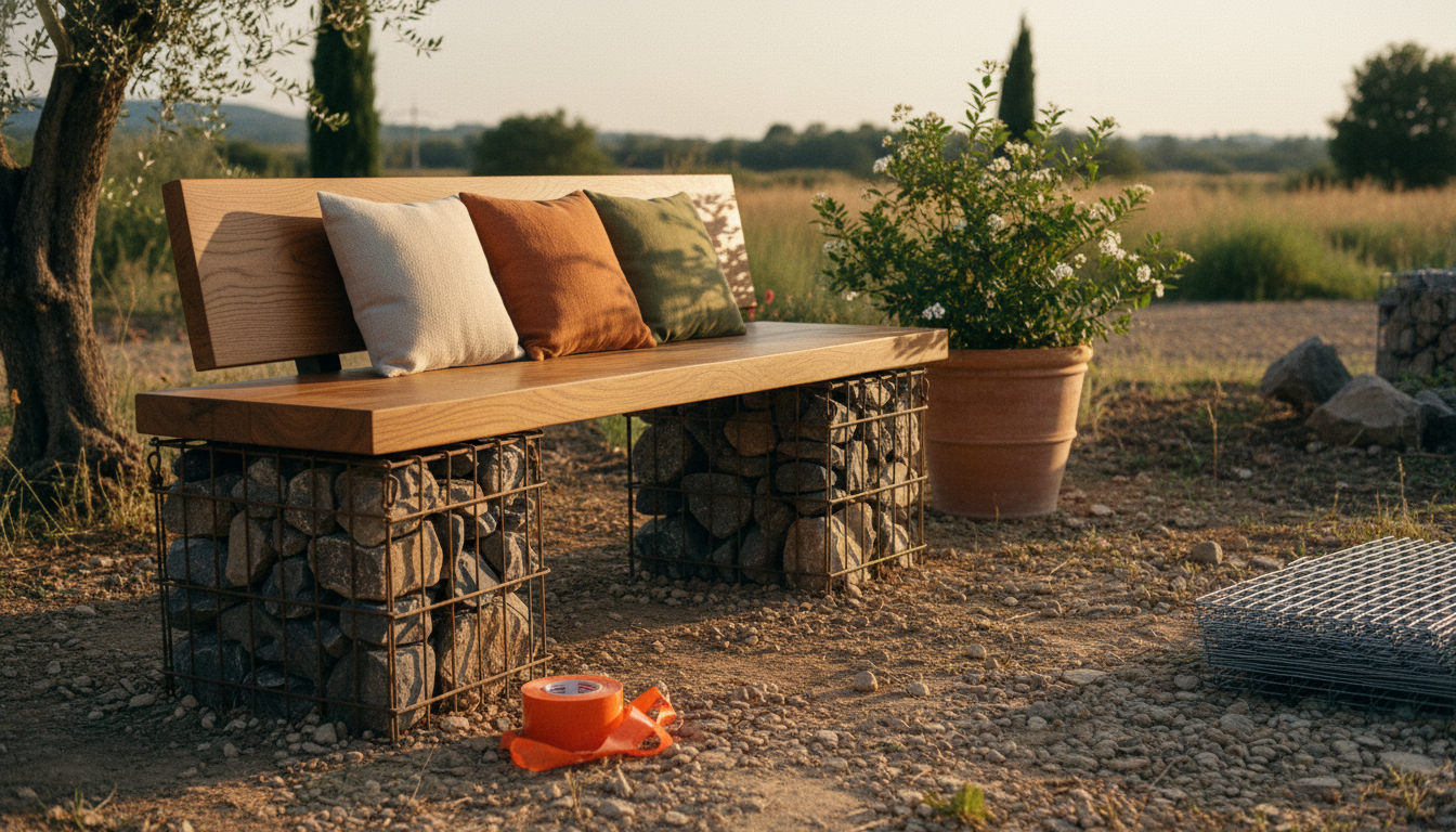 Banc terminé, planche de chêne huilée, gabions remplis, dans un jardin ensoleillé avec coussins