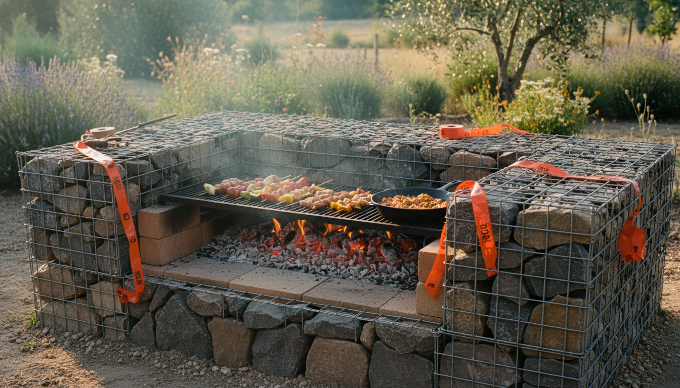 Barbecue en gabion en forme de U rempli de pierres, briques réfractaires visibles dans le foyer, jardin d'été