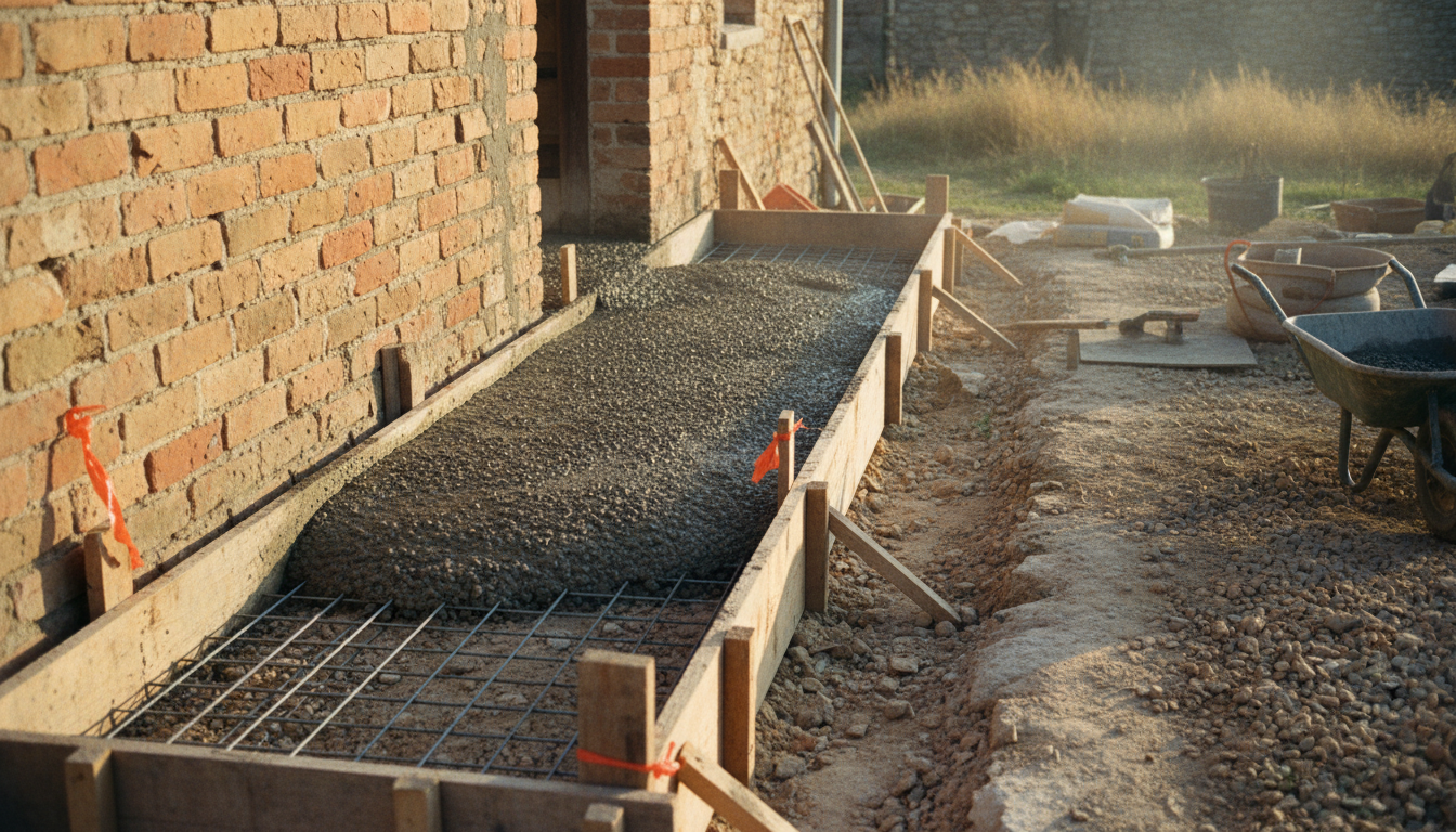 Semelle béton en cours de coulage contre un mur de maison, coffrage bois, armature légère