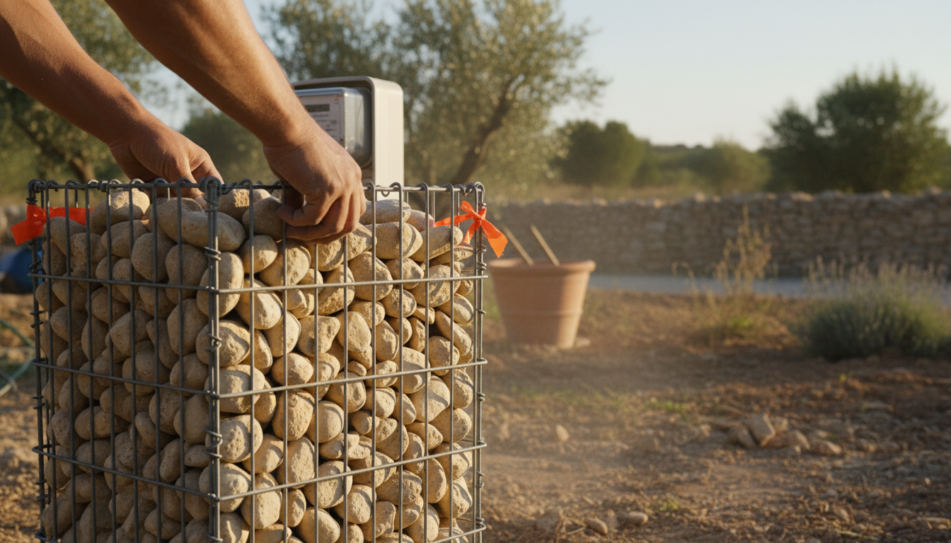 Gros plan sur le remplissage d'un gabion mince, pierres calcaire clair calibrées 40-80 mm posées à la main