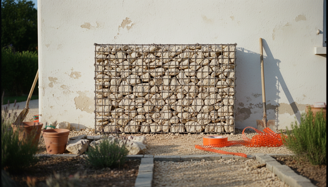 Cache-compteur EDF réalisé en gabion mince devant une façade de maison