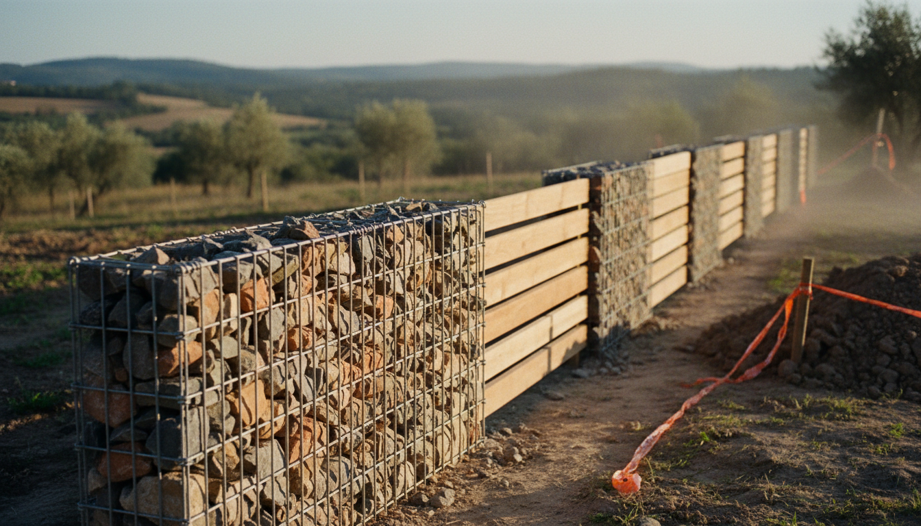 Clôture résidentielle alternant modules gabion remplis de pierres et panneaux bois horizontaux en chêne