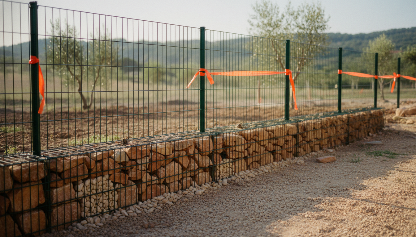 Clôture mixte avec soubassement gabion bas de 60 cm surmonté de panneaux grillage rigide verts de 1,40 m