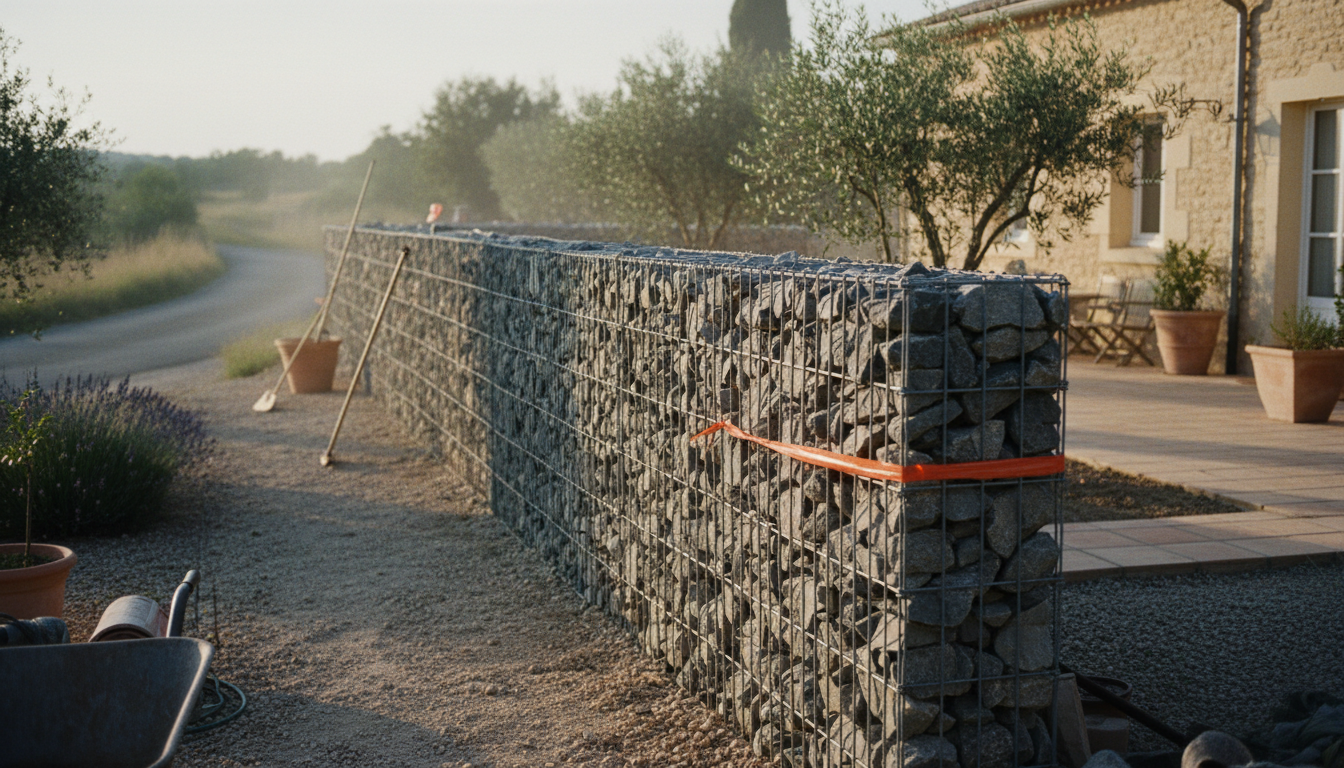 Clôture en gabion de 1,80 m de haut le long d'un jardin drômois