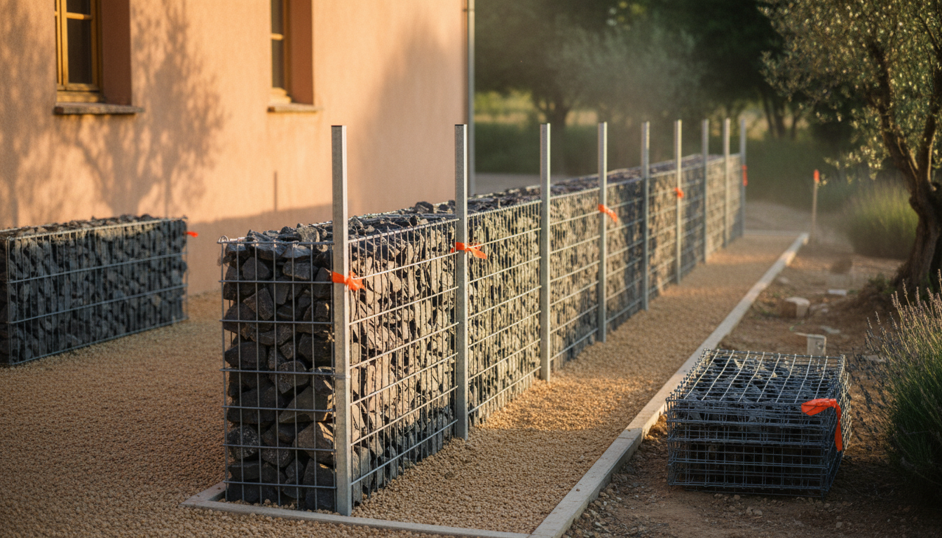 Clôture gabion mince de 15 cm tenue par des poteaux acier en limite de terrain