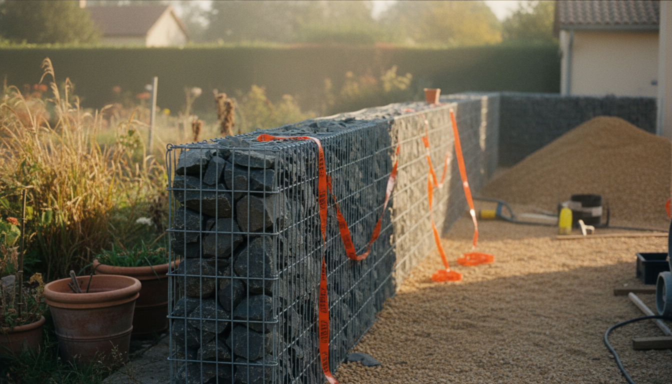 Clôture en gabion en limite de propriété entre deux jardins résidentiels