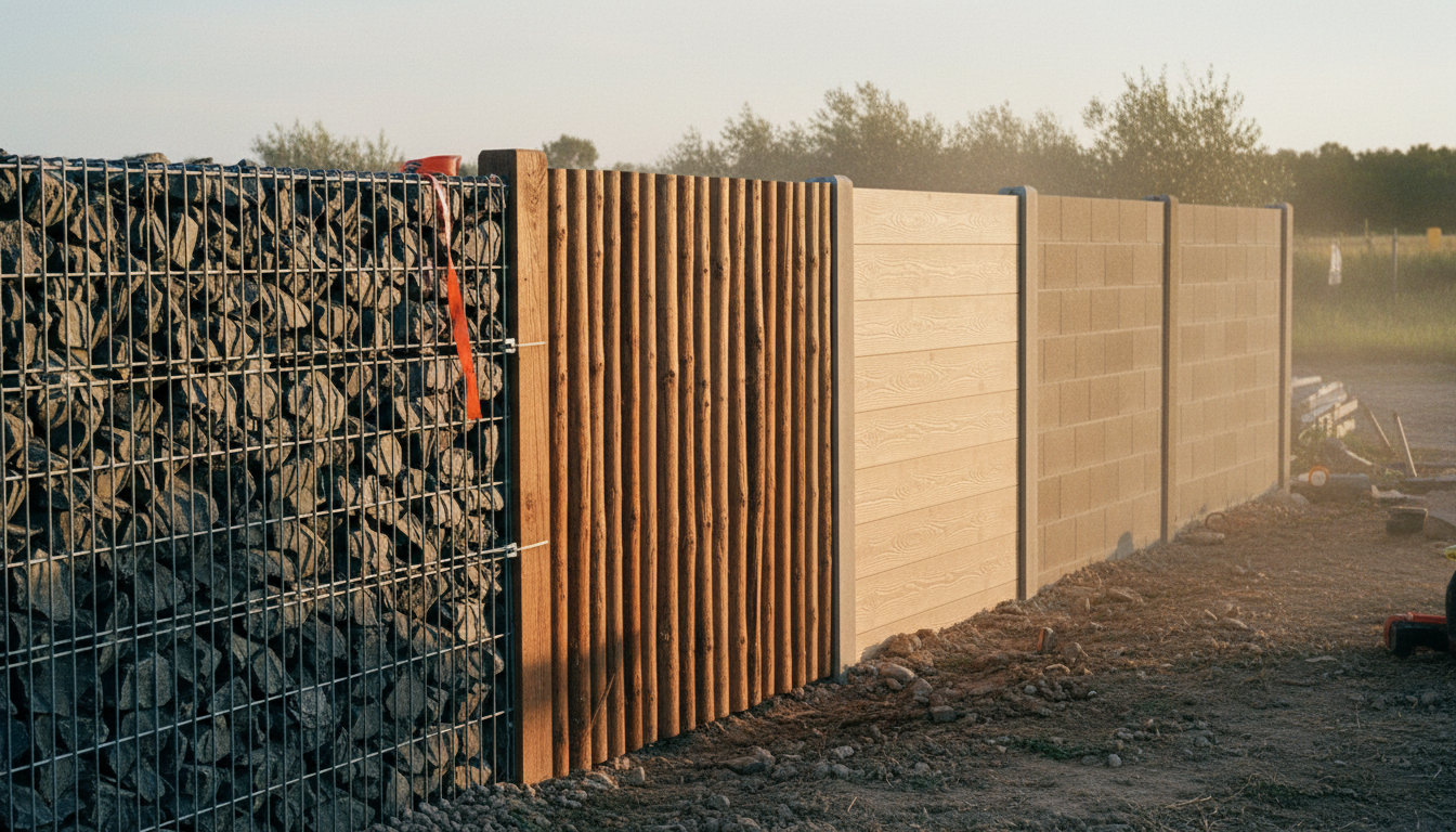 Quatre types de clôtures alignés à 1,80 m : gabion, palissade bois, composite, mur plein