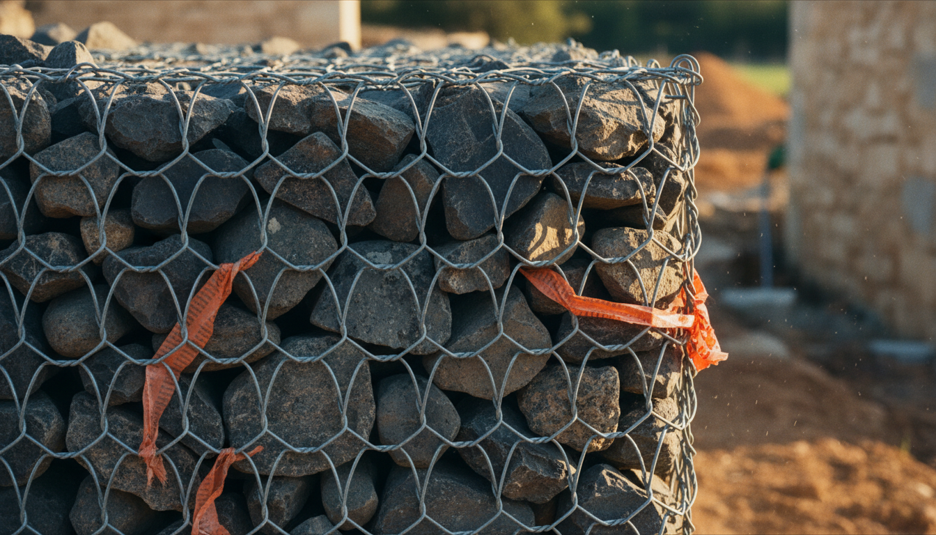 Paysagiste démontant un mur gabion à la pince coupante, pierres en big-bag à côté, cage partiellement déconstruite, chantier Drôme