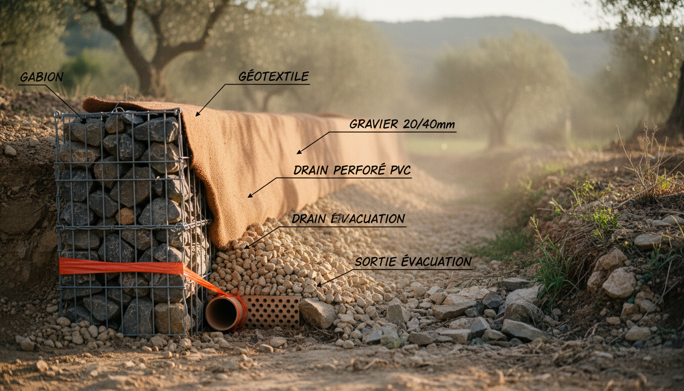 Schéma en coupe d'un mur gabion avec son système de drainage : géotextile, gravier 20/40, tuyau PVC perforé et exutoire