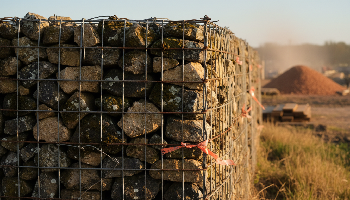 Mur gabion de six ans patiné par la mousse et le lichen dans un jardin drômois