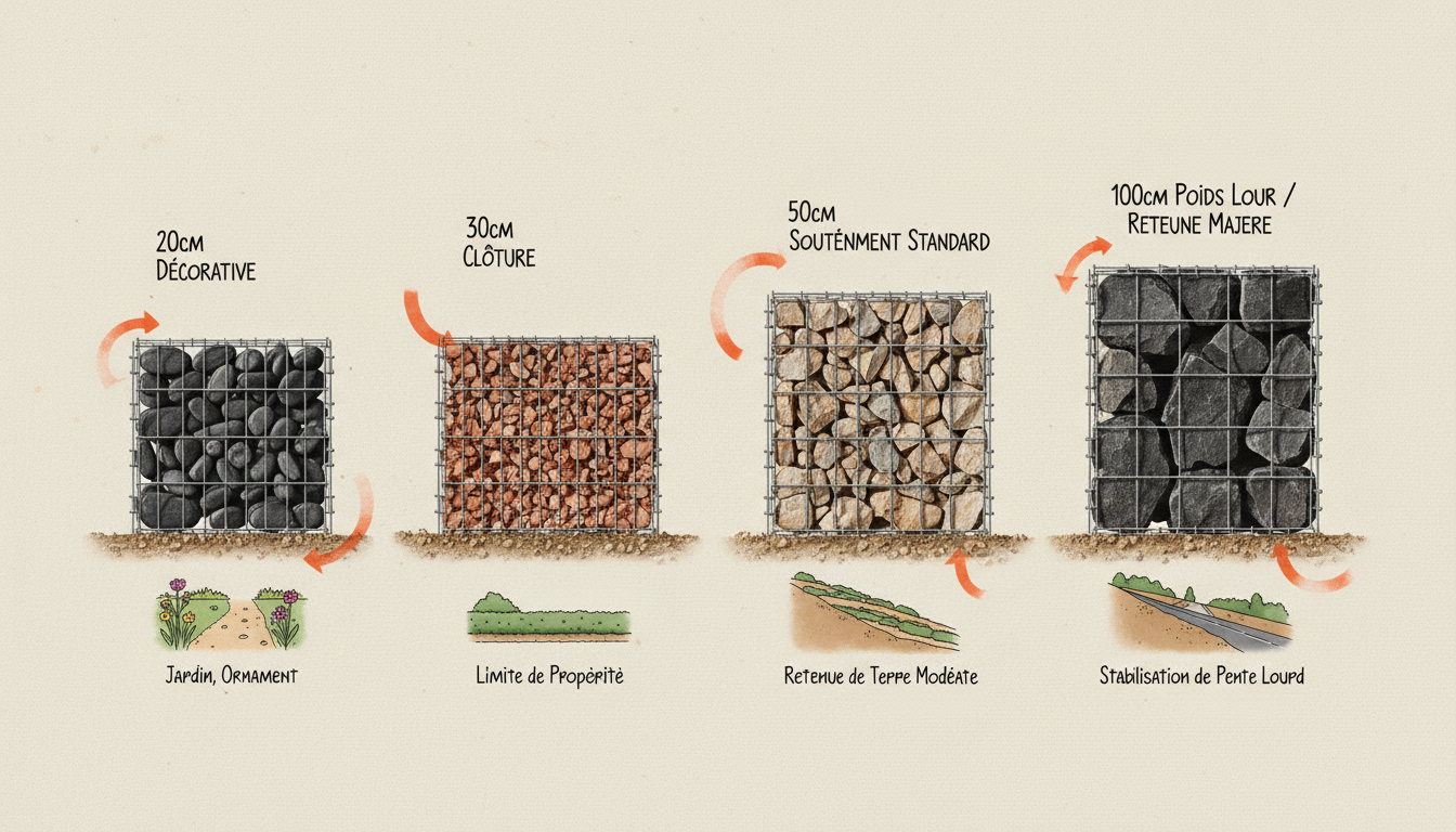 Schéma technique comparant quatre épaisseurs de murs en gabion en coupe : 20, 30, 50 et 100 cm