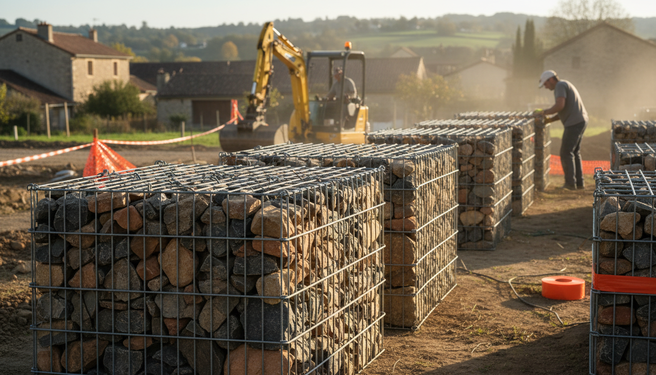 Gabion 200x100x50 cm posé le long d'une limite de jardin en France, chantier en cours