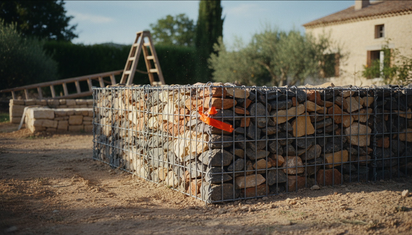 Mur en gabion tournant à 90° dans un jardin, vue de la technique d'assemblage du coin