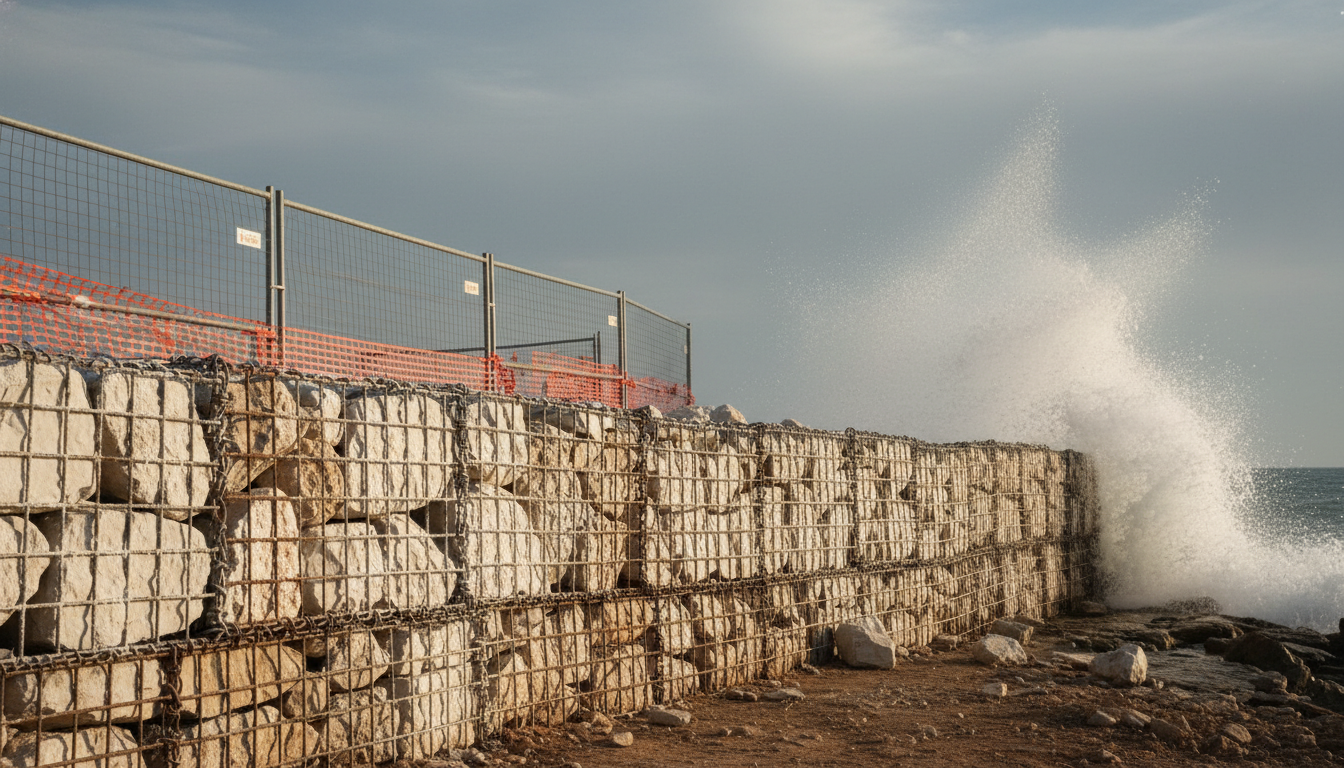 Mur gabion en bord de mer Méditerranée, pierres calcaires blanches et fil patiné, embruns salins visibles, ciel gris-bleu