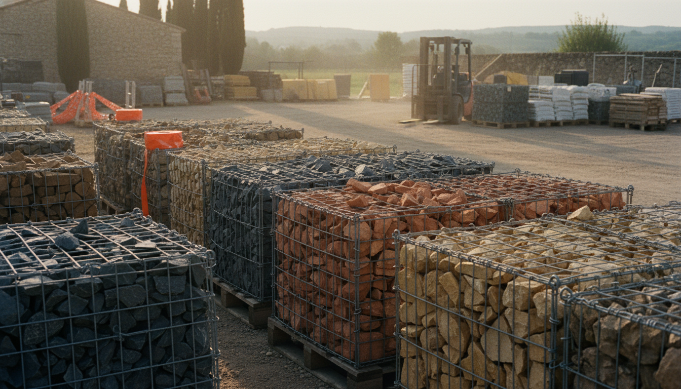 Dépôt matériaux pro avec stocks de gabions sur palettes