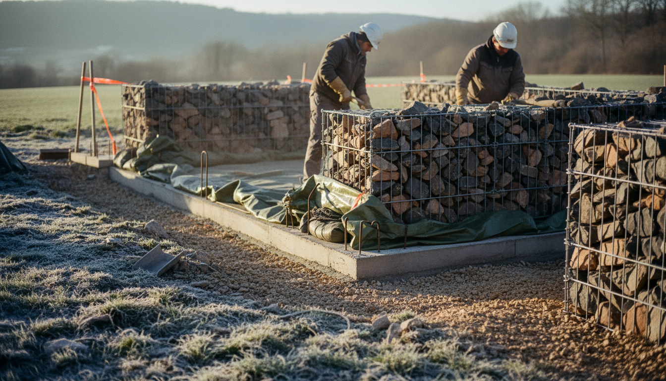 Chantier gabion en hiver avec givre au sol et bâche sur semelle béton fraîche
