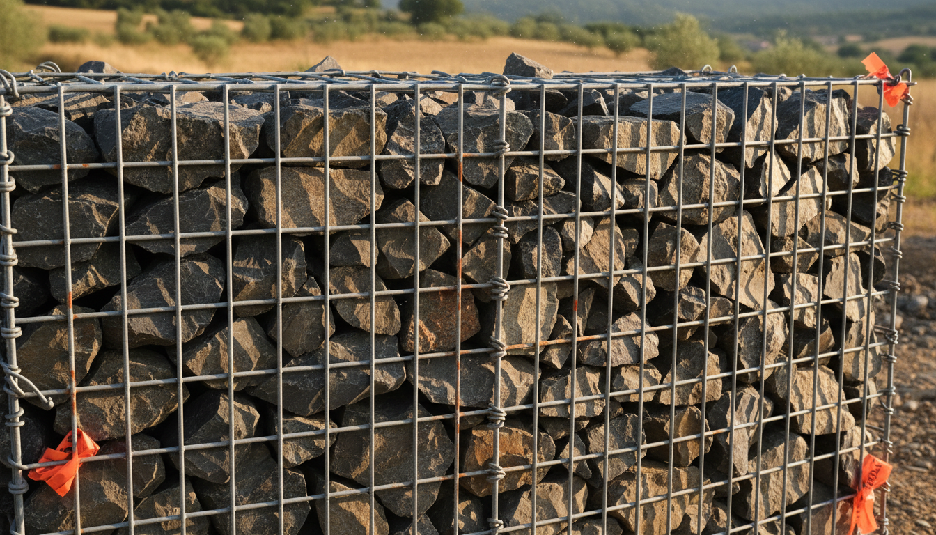 Mur en gabion rempli de pierre calcaire drômoise locale avec plantes grimpantes entre les pierres, lumière du matin