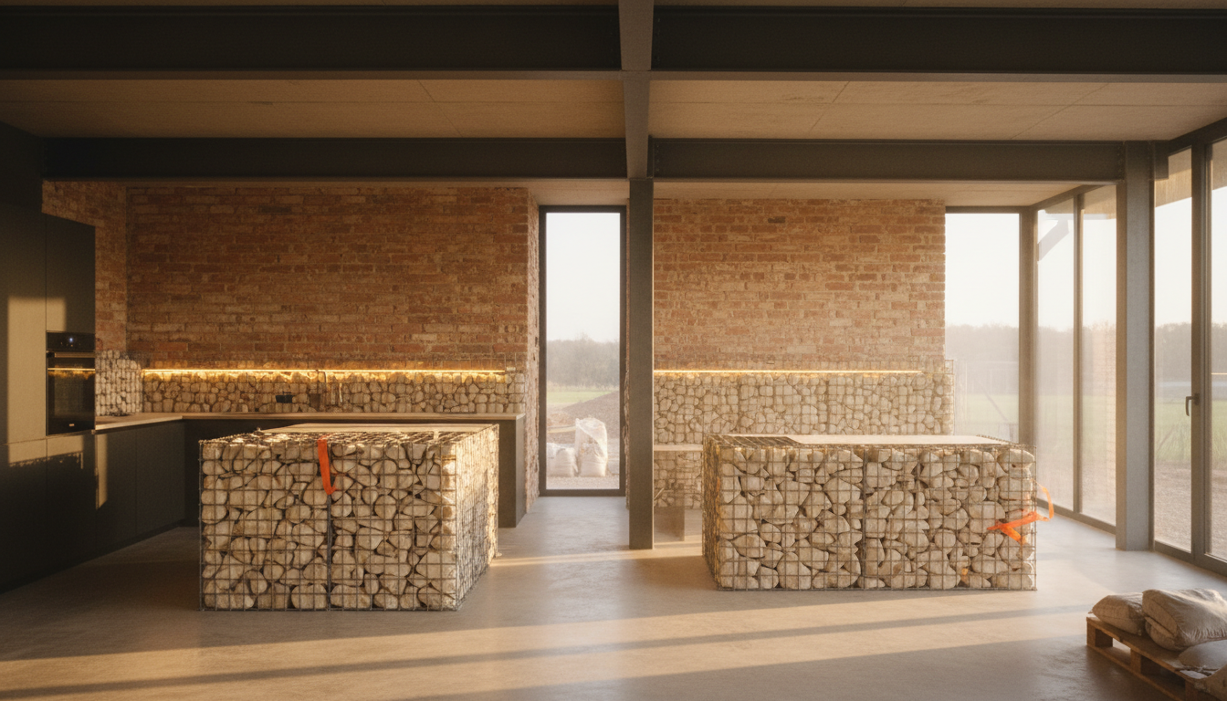 Mur séparatif intérieur en gabion rempli de pierres claires dans un loft contemporain