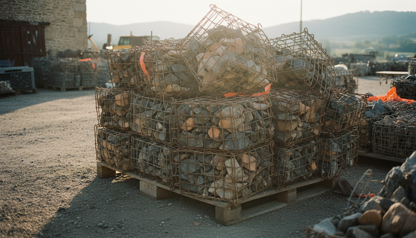 Gabions d'occasion empilés sur palette bois dans une cour de paysagiste
