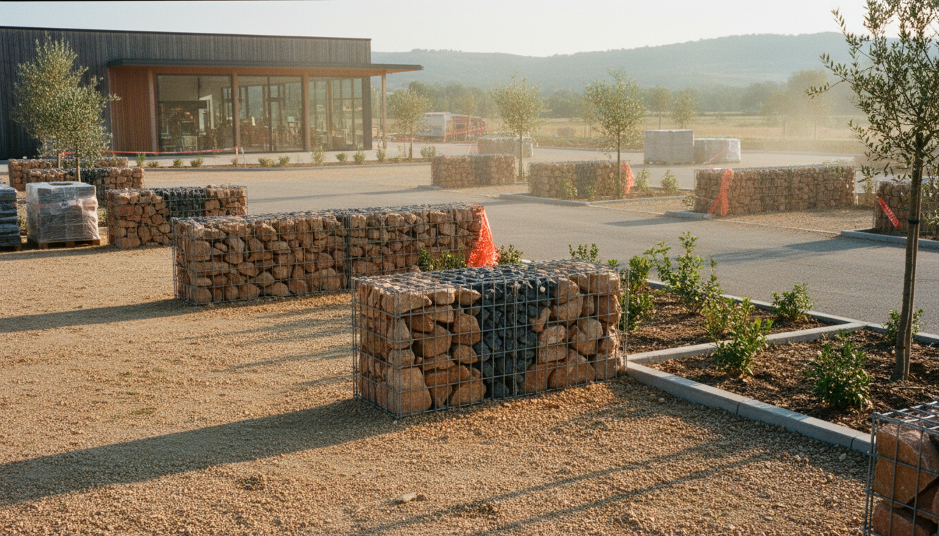 Parking commercial avec séparateurs gabion bas entre les places de stationnement