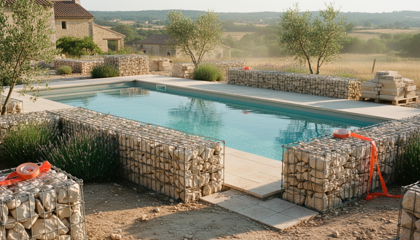 Piscine méditerranéenne bordée d'un mur bas en gabion calcaire crème, oliviers et lavandes en arrière-plan