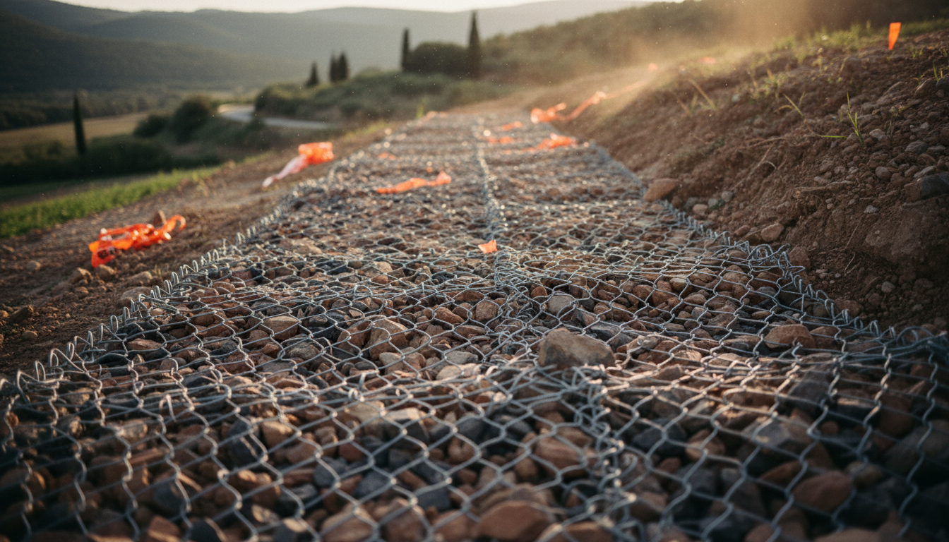 Gabion plat matelas posé sur un talus routier pour protéger la pente contre l'érosion