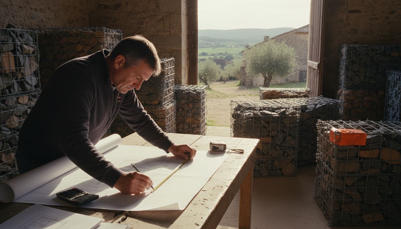 Croquis d'un gabion sur-mesure en préparation dans un atelier