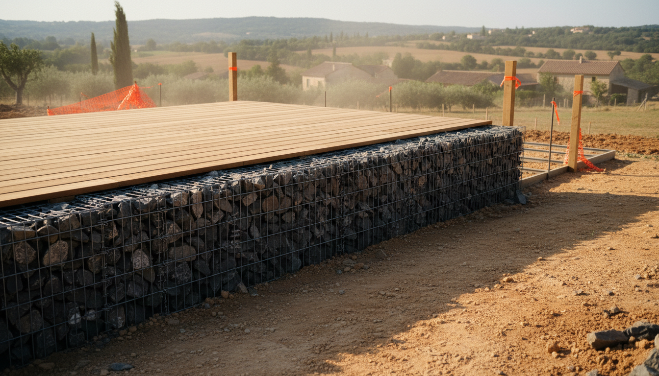 Terrasse en bois surélevée bordée d'un mur de soutènement en gabion basalte dans un jardin drômois