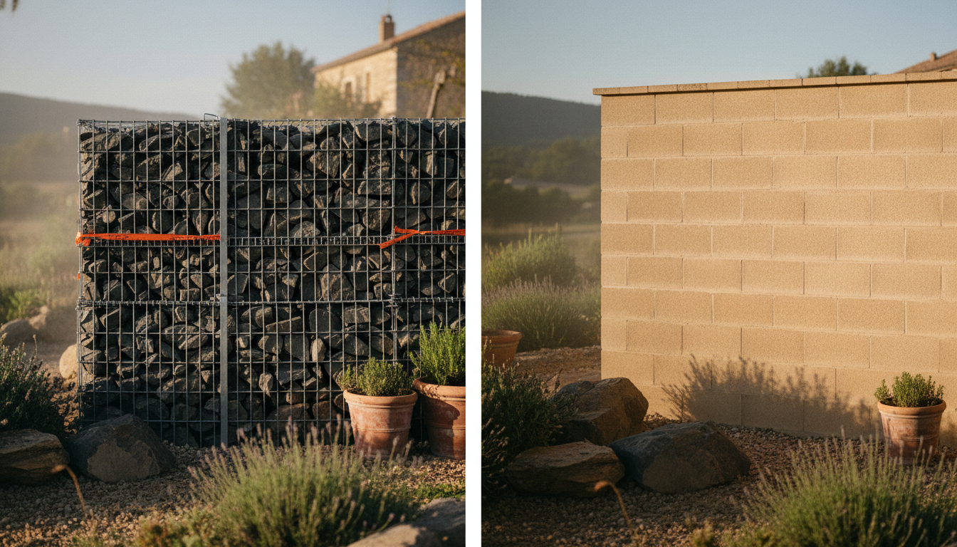 Comparaison visuelle d'un mur en gabion face à un mur traditionnel en parpaing enduit