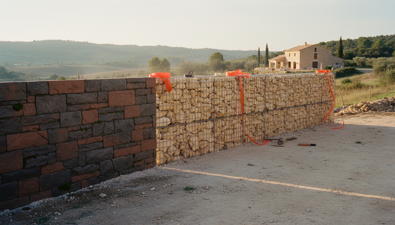 Panneau béton décoratif imitation pierre à gauche et gabion calcaire à droite en limite de terrain pavillonnaire