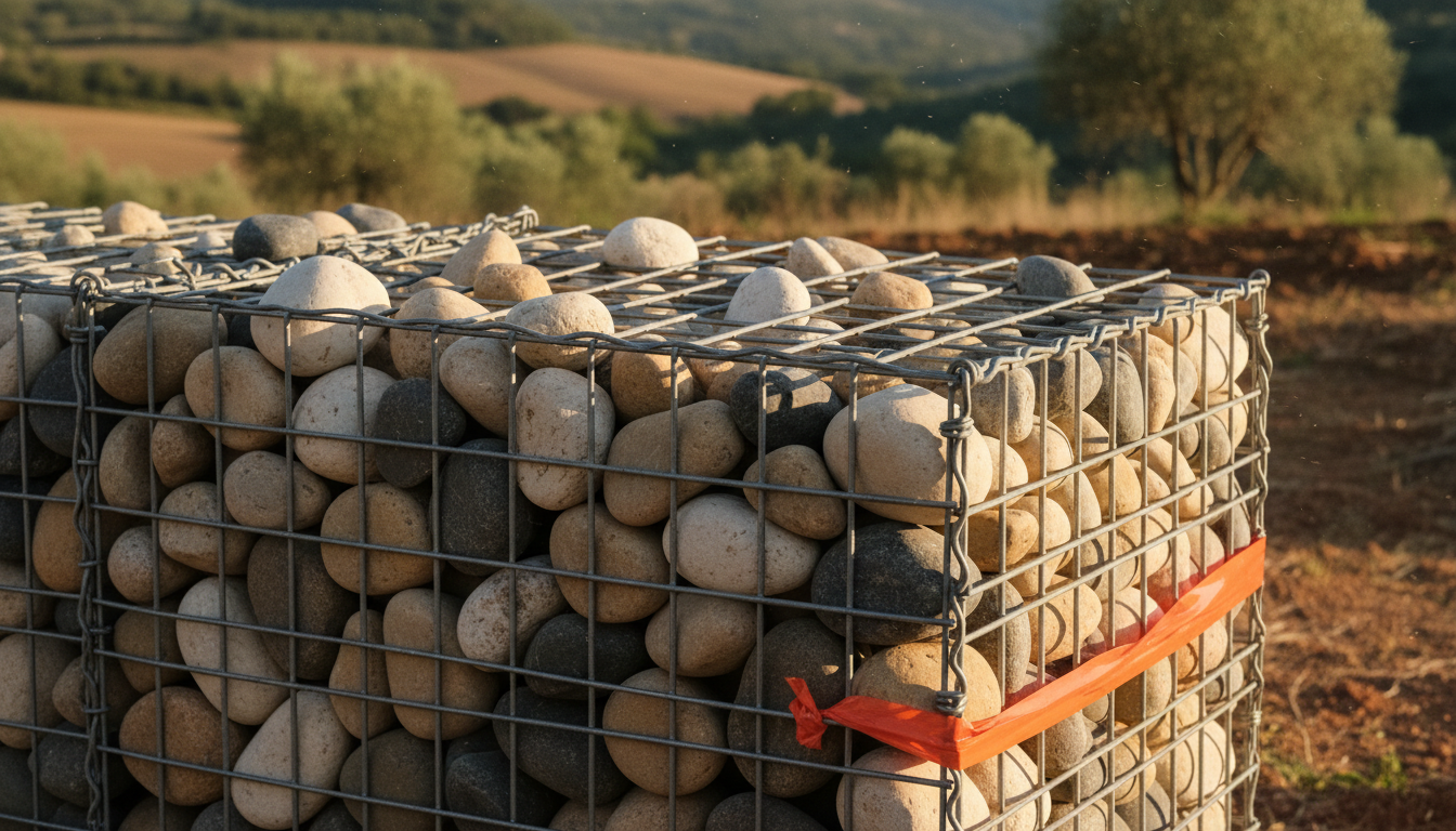 Galets de rivière roulés blancs, gris et beiges de 60 à 150 mm dans un gabion, aspect lisse et arrondi