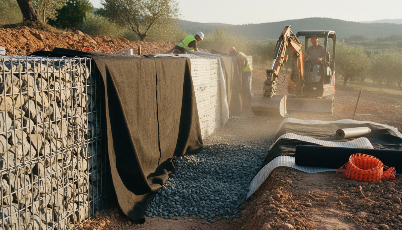 Pose d'un géotextile non-tissé classe 4 derrière un mur gabion avec déversement du gravier drainant 20/40