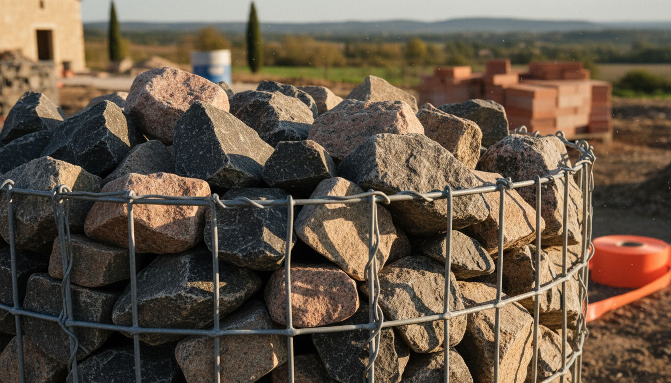 Tas de pierres de granite gris, rose et noir pour gabion, calibre 80-150 mm, texture cristalline visible en lumière naturelle