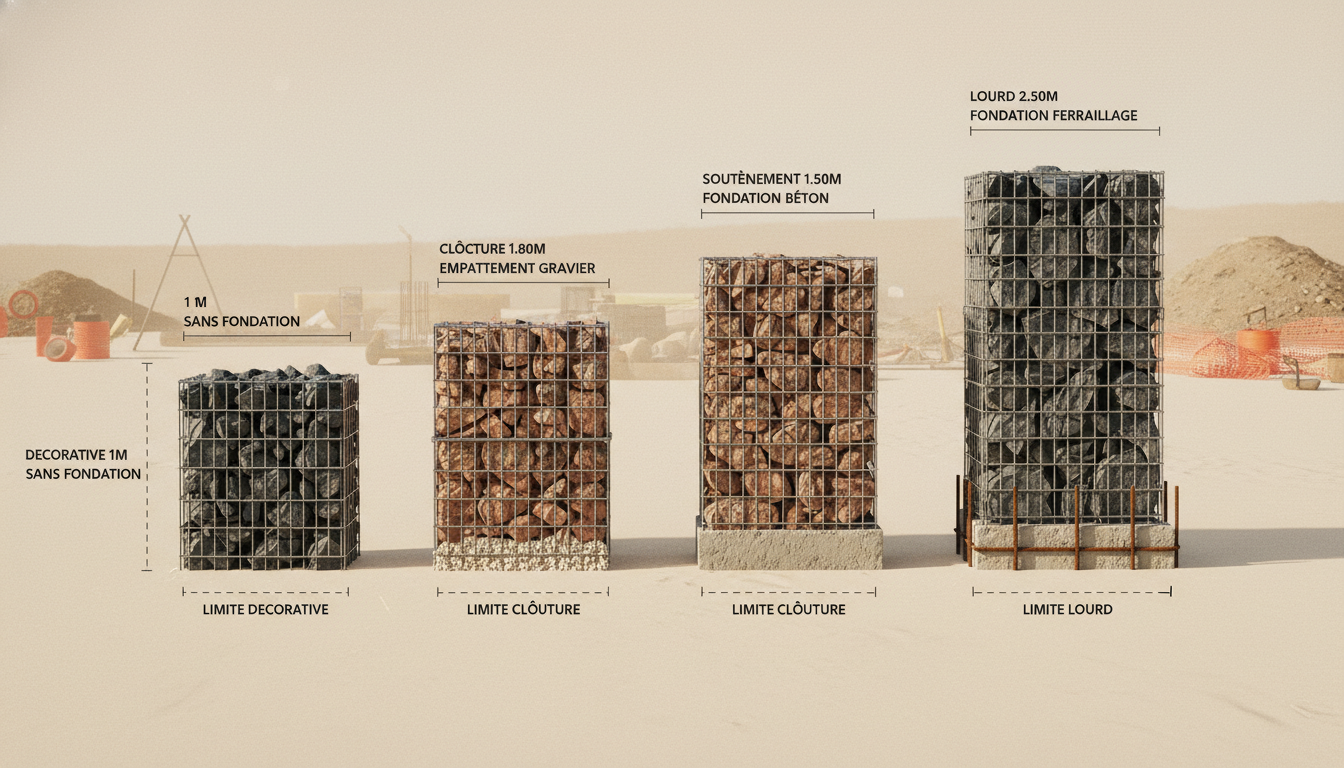 Schéma technique comparant les hauteurs max d'un mur gabion selon la configuration
