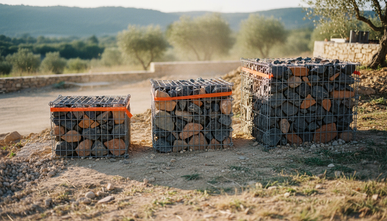 Quatre gabions de largeurs différentes — 10, 20, 30 et 50 cm — posés côte à côte