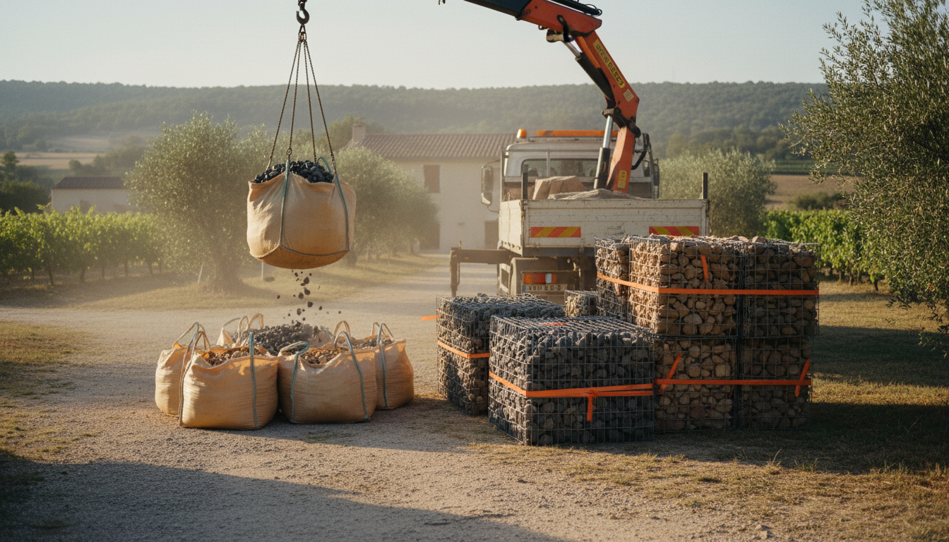 Camion-grue déchargeant big-bags de pierre et palettes de gabions devant une maison en France