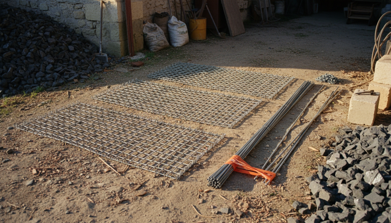 Kit gabion déballé : 6 panneaux plats, spirales, tirants, agrafes, sur une bâche