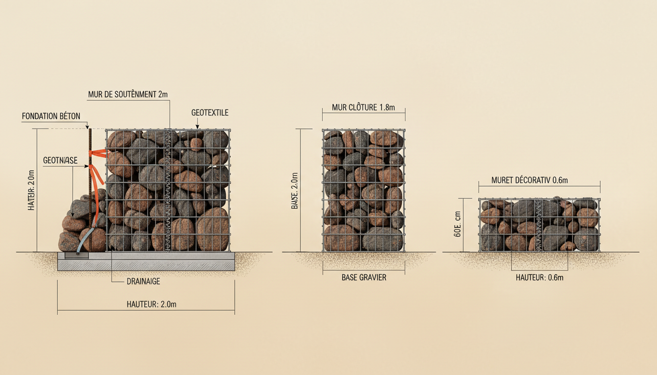 Schéma comparatif des trois types de murs en gabion : soutènement, clôture, muret décoratif, avec dimensions