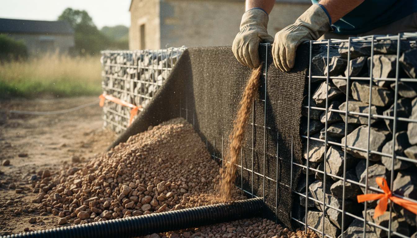 Photo du géotextile posé verticalement derrière la future emprise du mur, tuyau PVC perforé visible à la base