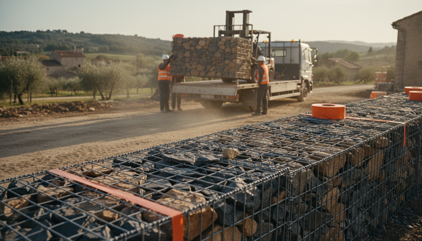 Panneaux gabion préfabriqués pré-remplis posés à la sangle sur un chantier drômois