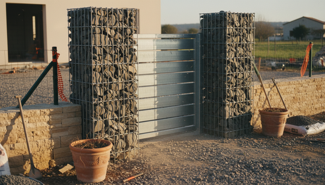 Deux piliers gabion de 50x50 cm flanquant un portail métallique contemporain à l'entrée d'une propriété