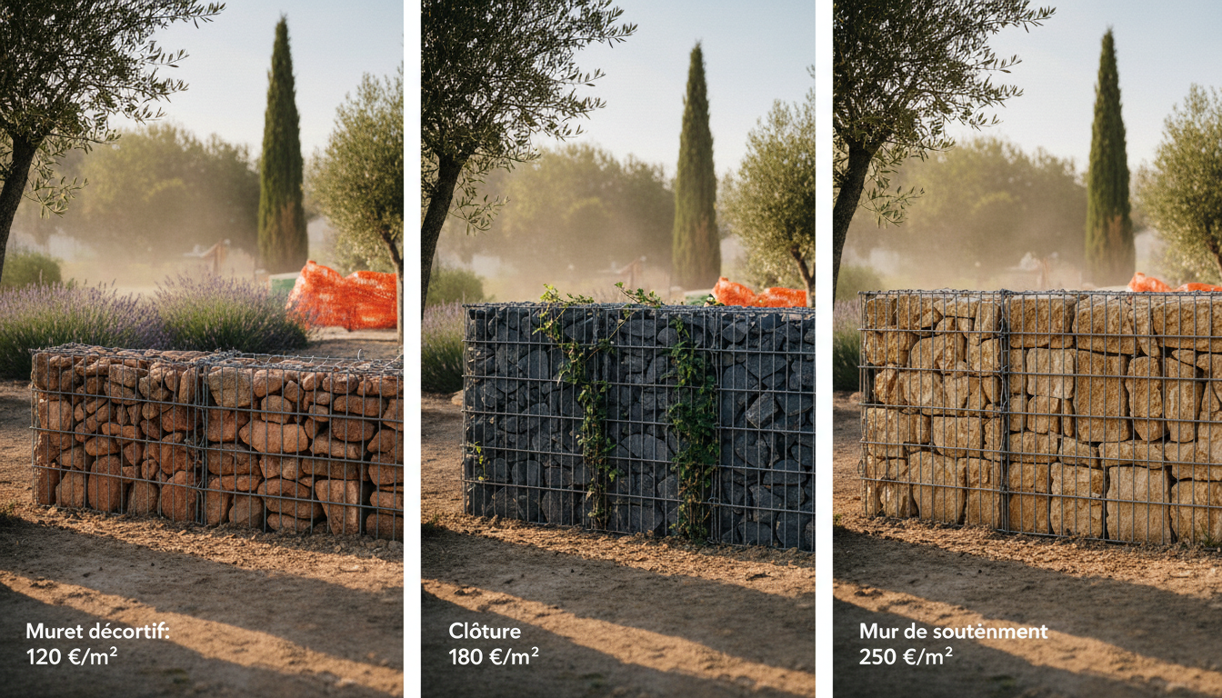 Trois types de murs en gabion avec étiquettes de prix : muret décoratif, clôture, mur de soutènement