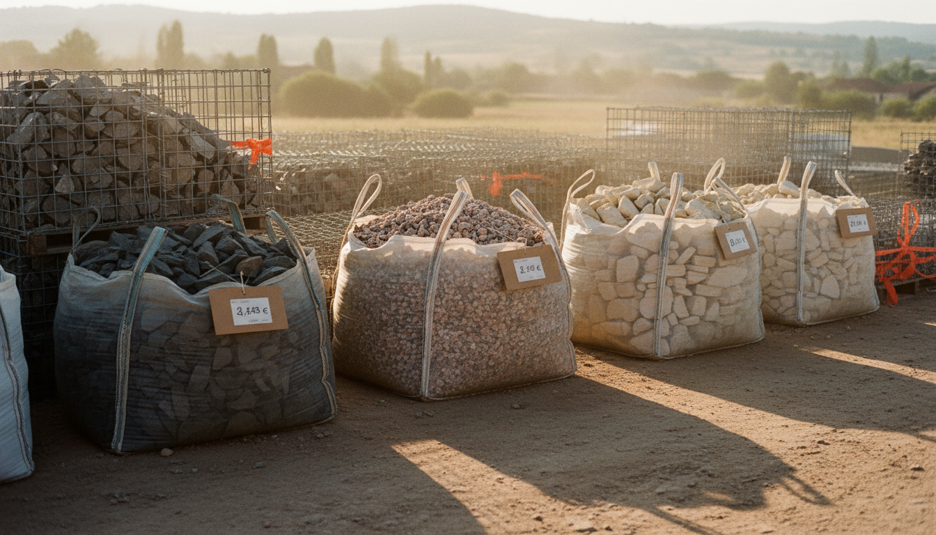 Cour de matériaux avec big-bags de basalte, granite et calcaire pour gabion et étiquettes de prix, lumière de fin d'après-midi