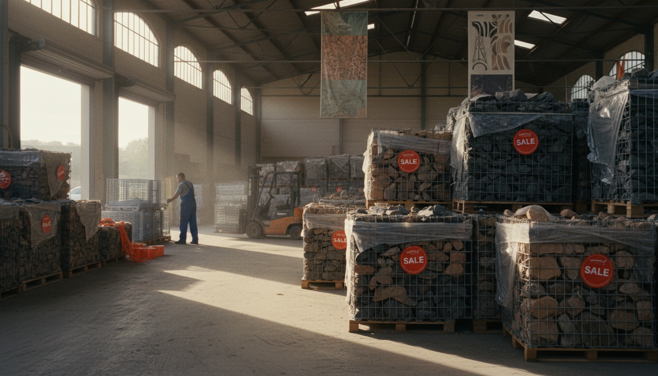 Déstockage de gabions dans un entrepôt français avec étiquettes promo