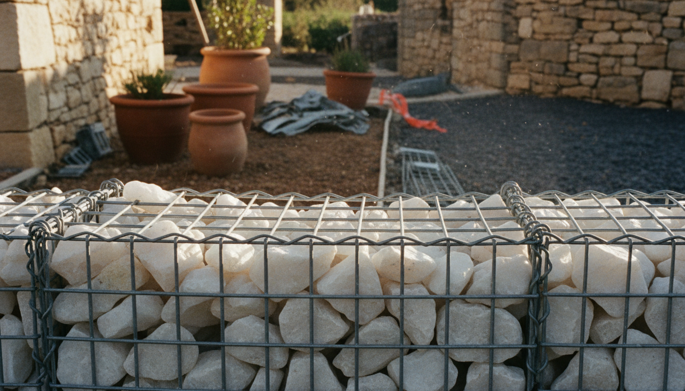 Quartz blanc concassé dans un gabion, texture cristalline translucide, reflets scintillants en lumière méditerranéenne