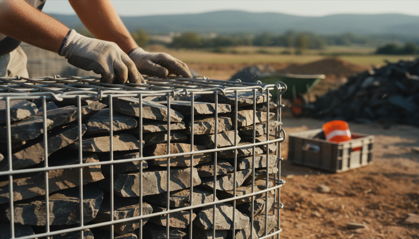 Premier rang de pierres alignées le long de la face visible d'un gabion, plates contre le grillage