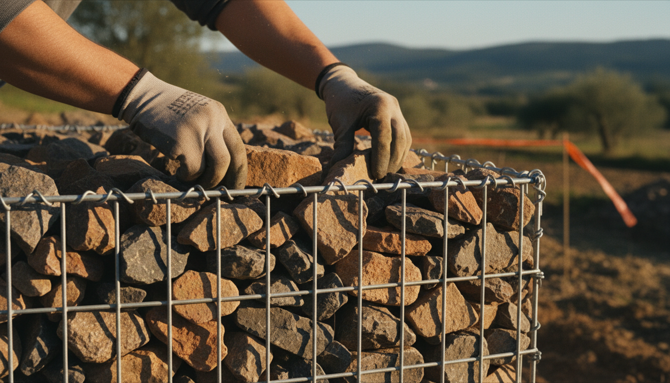 Dernier rang de pierres en train d'être posé sur le haut d'un gabion, arrêt à 1-2 cm sous le bord